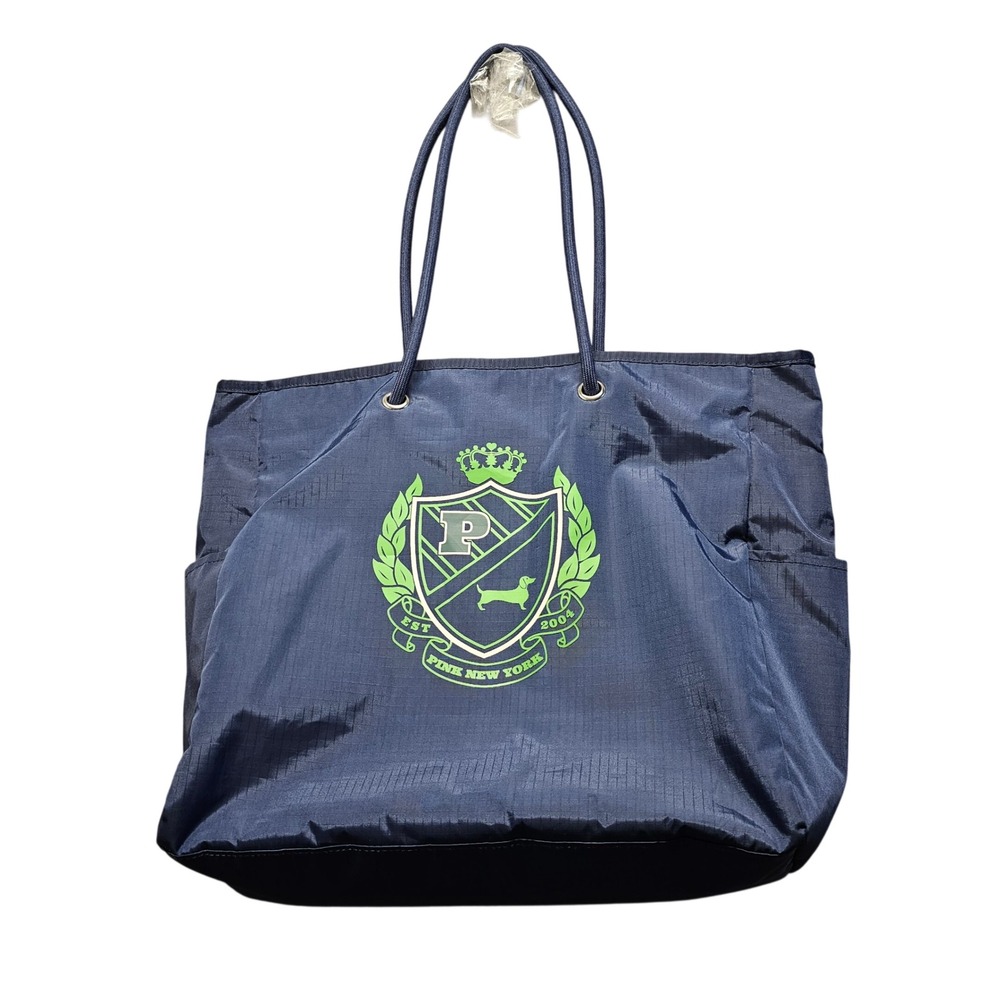 Victoria's Secret PINK Tote Bag Navy Blue Green Crest Logo Ripstop Nylon Large